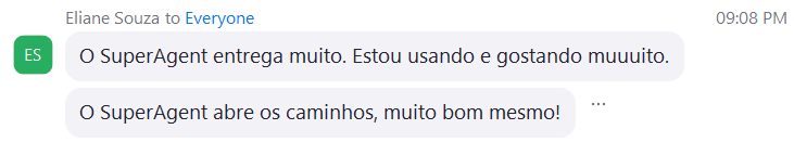 Print de aula ao vivo, Eliane: O SuperAgent entrega muito. Estou usando e gostando muito. O SuperAgent abre os caminhos, muito bom mesmo.
